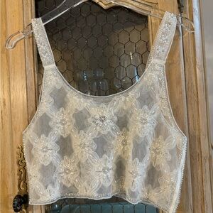 POL Beaded Floral Lace Crop Tank - Sheer Ivory Embellished Top